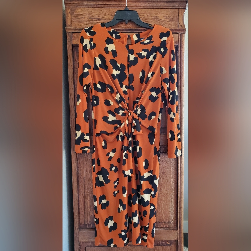 WALLIS STRETCH KNIT ORANGE/BLACK/TAN LEOPARD PRINT KNEE LENGTH DRESS US/10